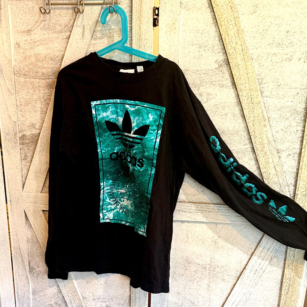 Adidas Men's Black and Teal Long Sleeve Tee